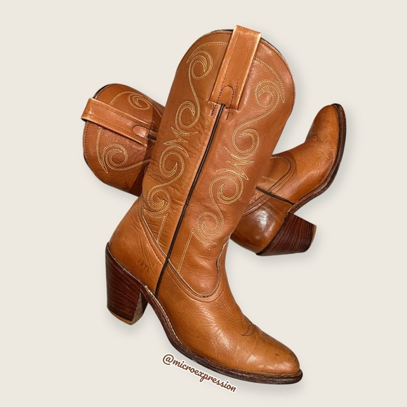 1980 RARE VINTAGE Frye Leather Pull On Brown Tan Embroidered Cowboy Western Boot - Picture 3 of 12